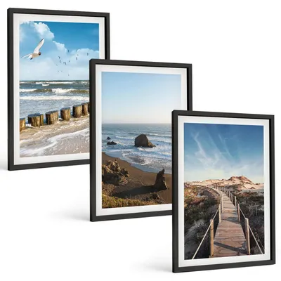 Produktbild von Bilder Set 3-teilig im schwarzen Rahmen – Wandbilder 3 Stück – gerahmte Poster für Wohnzimmer, Schlafzimmer und Flur – 40x60 cm – Strandwellen, Himmelsbrücke, Spaziergang