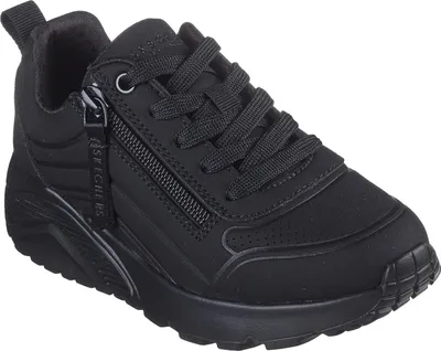 A black Skechers sports shoe for boys.