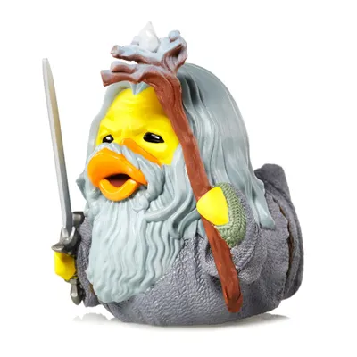 A rubber duck toy designed to resemble Gandalf from The Lord of the Rings, holding a sword and staff.