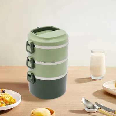 Produktbild von Lunchbox - Brotdose aus Edelstahl - 3-lagig stapelbar - Wiederverwendbar für Schule Büro Camping Picknick - Auslaufsicher - Grün
