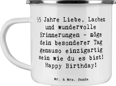 Produktbild von Mr. & Mrs. Panda Emaille Tasse Spruch 95. Geburtstag - Weiß - Geschenk, Alter, persönliche Geschenke, Pott, Teetasse, Happy Birthday, Feiern, becher, Haferl, Familie