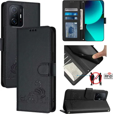 Produktbild von Leder Hülle für Xiaomi Mi 10T / Mi 10T Pro 5G Süße Katze Flip Case Brieftasche Schutzhülle mit Standfunktion Schwarz