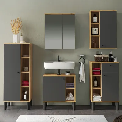 Produktbild von Badmöbel-Set 5-teilig mit Waschbeckenunterschrank 60 cm, Spiegelschrank, in Eiche mit grau OLEAN-61