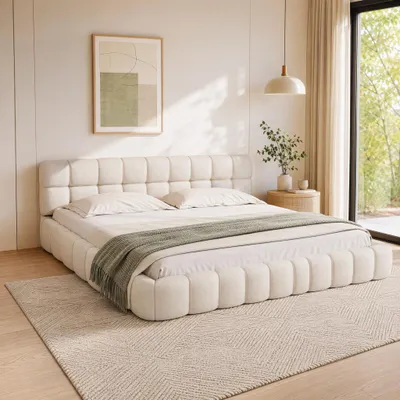 Produktbild von INONEFT Bubble Bett 160x200, Polsterbett mit Lattenrost, Doppelbett Jugendbett Bettgestell mit Gepolstertes Kopfteil, Leinenstoff ,Beige