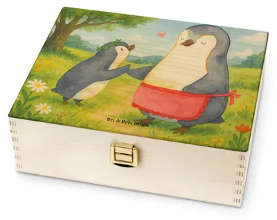 Produktbild von Mr. & Mrs. Panda Teebox Pinguin mit Kind Design - Weiß - Geschenk, holz, Teebeutel-Box, Pinguine, Mama, Tee Box, Muttertag, Teeaufbewahrung, Vorbild, für Paare