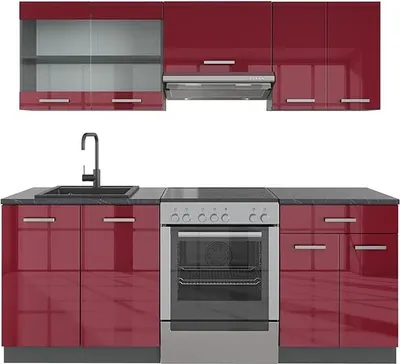 Produktbild von Vicco Kuchyňský kout R-Line, 200 cm bez pracovní desky, Bordeaux vysoký lesk/antracitová