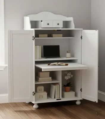 Produktbild von PC-Tisch aus massiver Kiefer weiß PC-Schrank Schreibtisch Schrank