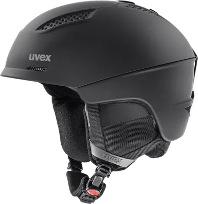 A black ski helmet with the brand name 'uvex' visible.
