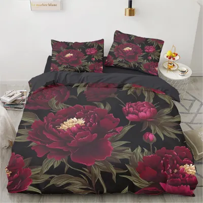 Produktbild von Bettwäsche Set 200x200 cm Blumen Rot Lila Mikrofaser 3-teilig mit 2 Kissenbezügen 80x80 cm