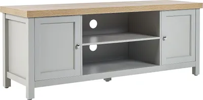 Produktbild von BELIANI TV Möbel Grau / Heller Holzfarbton aus MDF Platte / Metall 39 x 51 x 130 cm mit Stauraum 2 Türen 2 Fächer Wohnzimmer Retro-Stil