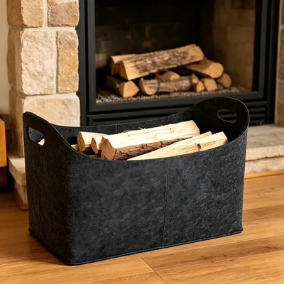 Produktbild von YARDIN Dunkelgrau Faltbarer Brennholzkorb aus Filz mit stabilen Holzgriffen, 55x30x40cm, 60L Kapazität, Mehrzweck Aufbewahrungstasche für Kaminzubehör, 4 Stück