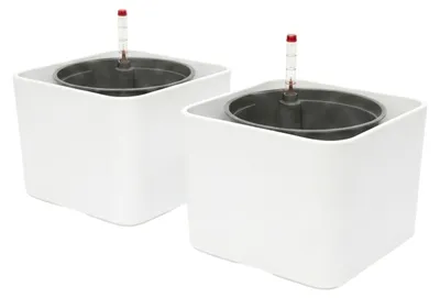 Produktbild von Leni KALEA cube Hydrokultur-Komplettset 2er-Pack 17 cm Würfel Pflanztopf mit Kulturtopf und Wasserstandsanzeiger Weiß matt wasserdicht selbstbewässernd