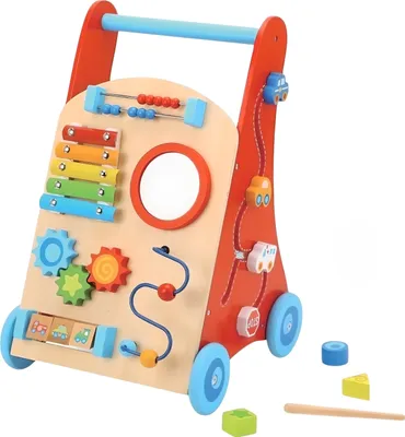 Produktbild von Zayno® Lauflernhilfe "Spielmobil" | 2-in-1 Lauflernwagen mit Motorikspielen, Holz, Lernspielzeug mit Klötzchen und Korb auf der Rückseite
