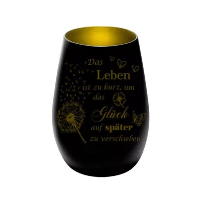 Produktbild von Stölzle Lausitz Windlicht aus Glas schwarz gold mit Lasergravur „Das Leben ist zu kurz...“, persönliches Geschenk für Freunde, Familie und Partner