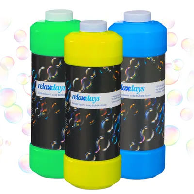 Produktbild von Relaxdays Seifenblasen Nachfüllflasche, 3er Set, je 1 Liter Seifenblasenflüssigkeit, für Seifenblasenmaschine, bunt