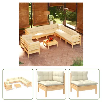 Produktbild von The Living Store 10-tlg. Garten-Lounge-Set mit Creme Kissen Massivholz Kiefer