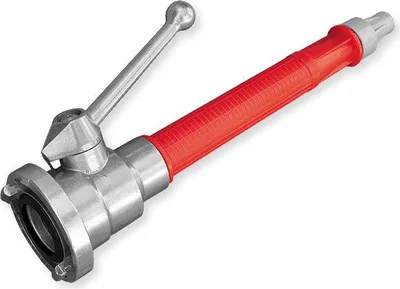 A fire hose nozzle with a red handle and silver metal components, isolated on a white background.