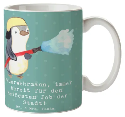 Produktbild von Mr. & Mrs. Panda Tasse Feuerwehrmann Held - Meeresbrise - Geschenk, Berufsliebe, Berufspassion, Teetasse, Kaffeetasse, Abenteuer, kreative Geschenke, kaffeebecher keramik
