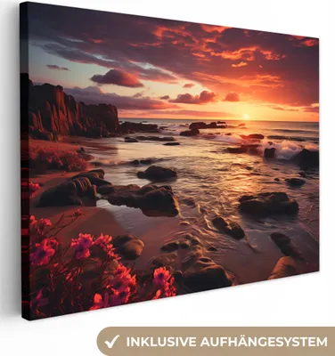 Produktbild von MuchoWow® - Leinwandbilder - Strand - Sonnenuntergang - Blumen - Felsen - Meer, Wandbild, Wanddeko Bilder Wohnzimmer, 80x60 cm