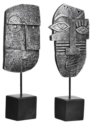 Image de Gilde Skulptur, "Litse", motif de visage, résine artistique, couleur argentée, L. 4,5 cm, l. 9,5 cm, H. 24 cm. 57956. 4063387579565. Lot de 2 pièces (assorties)