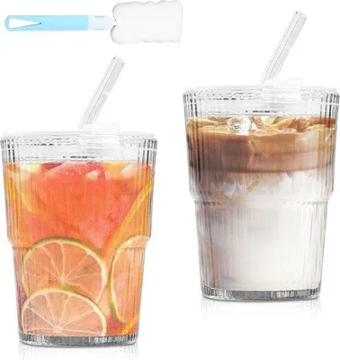 Image de Gobelet en verre avec couvercle et anses, 450 ml - Gobelet à eau - Gobelet - Cadeau - Brosse propre - Tasse à café - Boissons chaudes - Boissons froides