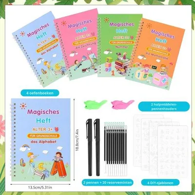 Zdjęcie produktu dla Schreibübungsbuch - 4 Stücke - Zauberbuch Für Kinder - Üben Mit Schreiben Mit 20 Füllern - 4 Zeichenformen - Wiederverwendbares Handschrift - Kalligrafie Ausführen - Lernen Schreiben - Zahlen - Zeichnen - Rechnen
