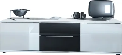 Produktbild von Vladon TV Lowboard Linio V1, Fernsehtisch mit 2 Türen und 2 Schubladen – Weiß / Schwarz Hochglanz (138,5 x 37,5 x 35 cm)