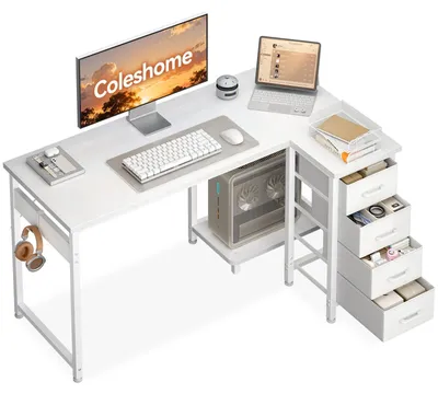 Produktbild von Eckschreibtisch Winkelschreibtisch Computertisch - 120 x 70 cm - Weiß - Vier Schubladen - Für kleine Arbeitsbereiche
