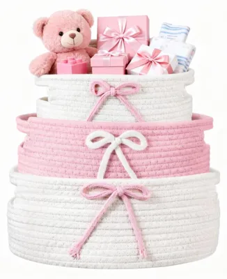 Image de Omgoods - Coffret de 3 paniers tressés roses - Pour le linge et l'organisation