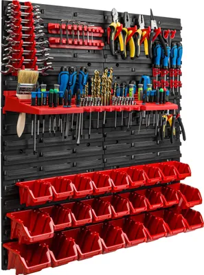Produktbild von Lagersystem Werkstattregal | 78 x 78 cm | 26 stck. Box | Wandregal mit Werkzeughalterungen und Stapelboxen - Wandplatten Extra Starke Schüttenregal Warkzeuglochwand Lagerregal Garage Regal