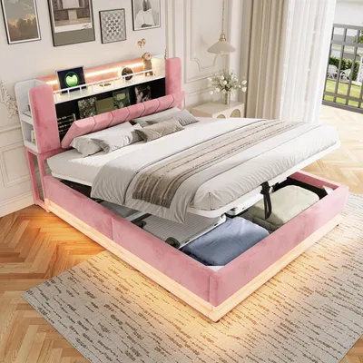 Produktbild von Polsterbett 160x200 cm, mit LED - Beleuchtung, mit USB - Anschluss, mit Stauraum, mit gepolstertem Kopfteil, Beige