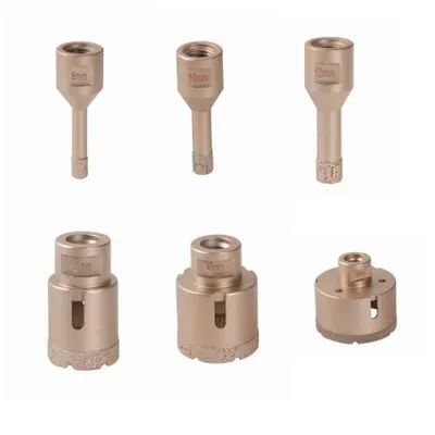 Six diamond drill bits of varying sizes are arranged in two rows on a white background.