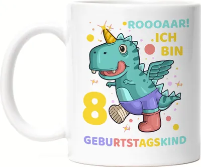 Produktbild von Roooaarr Ich Bin 8 Tasse Weiß Dinosaurier Dino T-Rex Geburtstag Kindergeburtstag