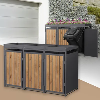 Obrázek produktu pro ML-Design 3-košový box na odpadky se stříškou na sázení, kryt na 3 koše, 240 l, 196x80x124 cm antracitová ocel s dřevěným vzhledem, box na odpadky s dvířky