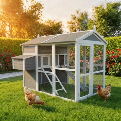 Produktbild von MyAnimal XXL Hühnerstall MH-15 | Bis zu 7 Hühner - Aufklappbarer Nistkasten - Auslauf - Zwei Etagen - Hühnergehege - Freigehege - Sitzstange (Grau)