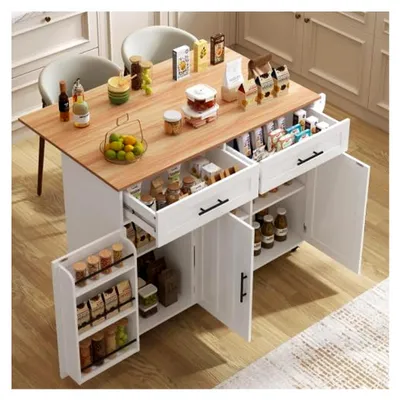 Produktbild von Weiße rollbare Kücheninsel mit Klappplatte, Küchenwagen mit Schubladen, große ausziehbare Arbeitsplatte mit Stauraum und Massivholzfüßen, 129x46(71)x91,5 cm