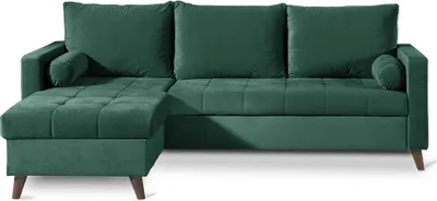 A green sectional sofa with a chaise lounge is shown against a white background.
