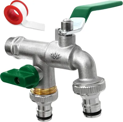 Productafbeelding van Premium 1/2'' Inch Messing Dubbele Waterkraan | Roest- en Vorstbestendig + 2X Kraanaansluitingen + E-Book | voor Tuin, Wasmachine, Regenton