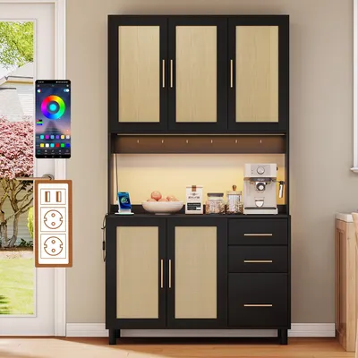 Productafbeelding van Keukenwerkblad, 183 cm, met app-gestuurde LED-verlichting, 2x USB-poorten, 2x stopcontacten, verstelbare planken, 3 lades, gouden handgrepen.