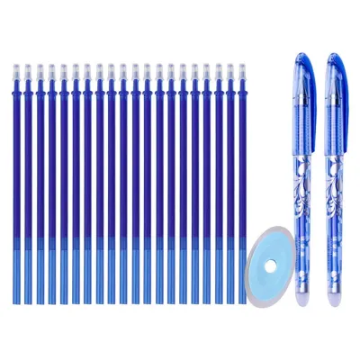 Image de set de 23 stylos effaçables, pointe de 0,5 mm, manche lavable, doux et confortable, 2 stylos, 1 gomme et 20 mines bleues de rechange