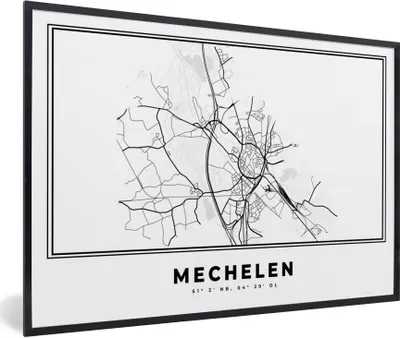 Produktbild von MuchoWow® Gerahmtes Poster Belgien - Mechelen - Stadtplan - Karte - Schwarz und weiß - Karte 30x20 cm - Poster mit Schwarzem Bilderrahmen Wandposter Rahmen Foto Bilder - Kunstdruck - Bild-Poster