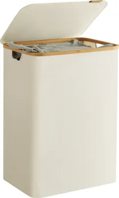A laundry basket with a lid is shown.