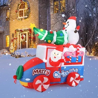Image de Bonhomme de neige gonflable de Noël - 184 cm de hauteur - Avec éclairage LED - Décoration extérieure en polyester multicolore