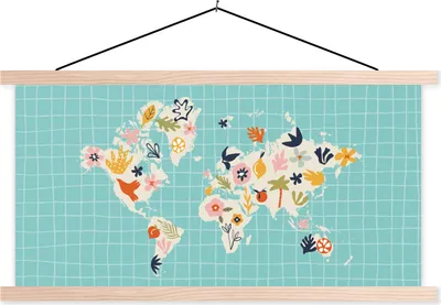 Produktbild von MuchoWow® Textilposter Kinderzimmer - Weltkarte - Blumen - Obst 60x30 cm mit holzfarbenen Rahmen - Dekoration