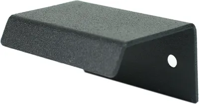 A single black metal drawer pull on a white background.