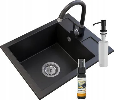 Obrázek produktu pro Granitan | Granitový dřez – BEST – 1 umyvadlo – s černou baterií – se sifonem – s dávkovačem mýdla – černý – 50 x 40 cm