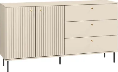 A beige sideboard with fluted doors and three drawers, shown against a white background.