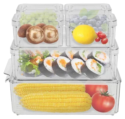 Immagine prodotto di Organizer per frigorifero - Contenitori impilabili con coperchio - Set da 7 pezzi - Per frigorifero e congelatore - Per frutta e verdura - Plastica - Trasparenti