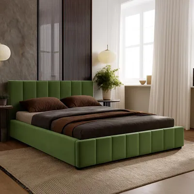 Produktbild von Polsterbett Nero mit Kopfteil, 180x200 cm, Doppelbett mit Bettkasten und Lattenrost aus Holz, Velourstoff: Grün