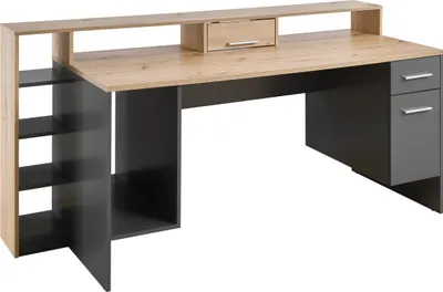 Produktbild von Gaming Schreibtisch - Grau - Artisan Eiche Nachbildung - 182 x 70 cm - 1 Tür - 1 Schublade - mit LED-Beleuchtung